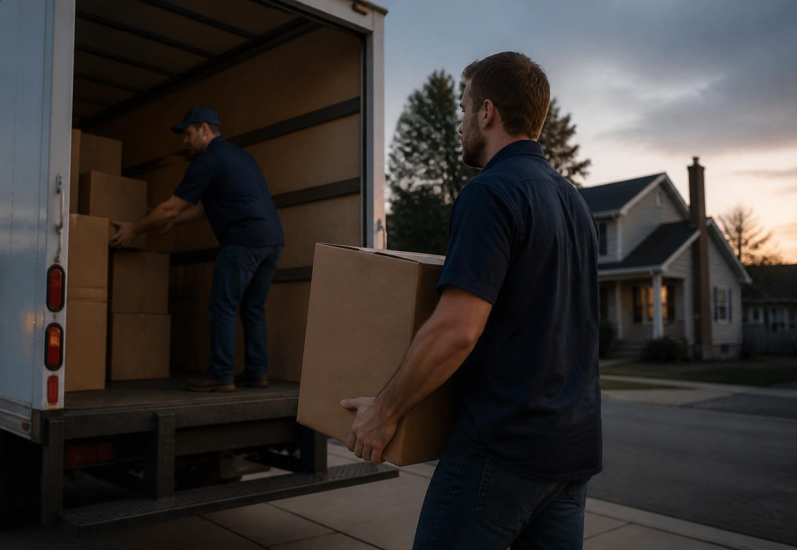 A two-person River Bend Moving Labor crew loading a rental truck at dusk in a Midwest neighborhood.